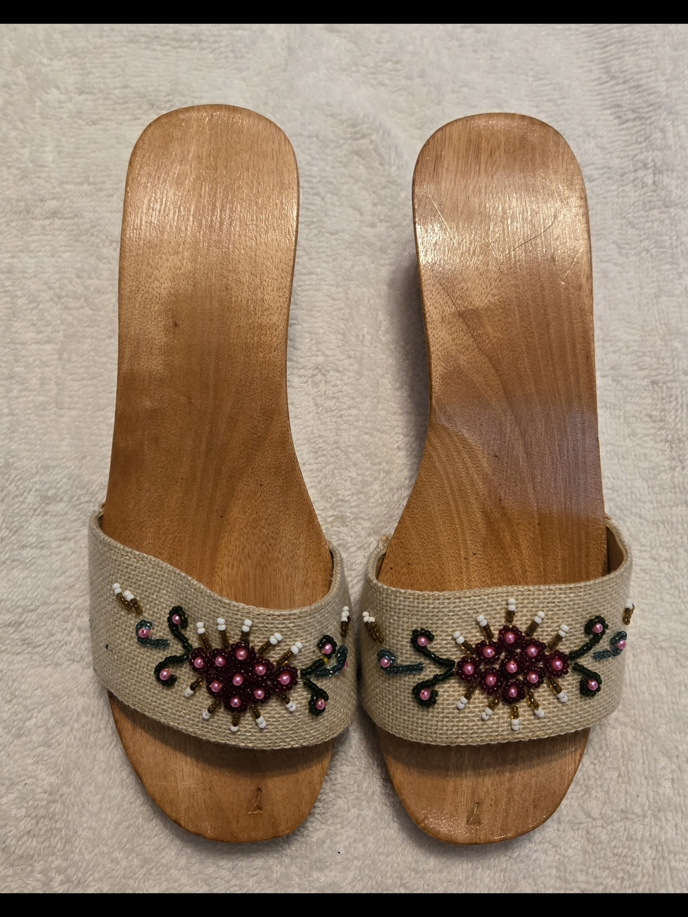 Beaded Beige Hand Carved Vintage Slide Sandals Wedges- Women